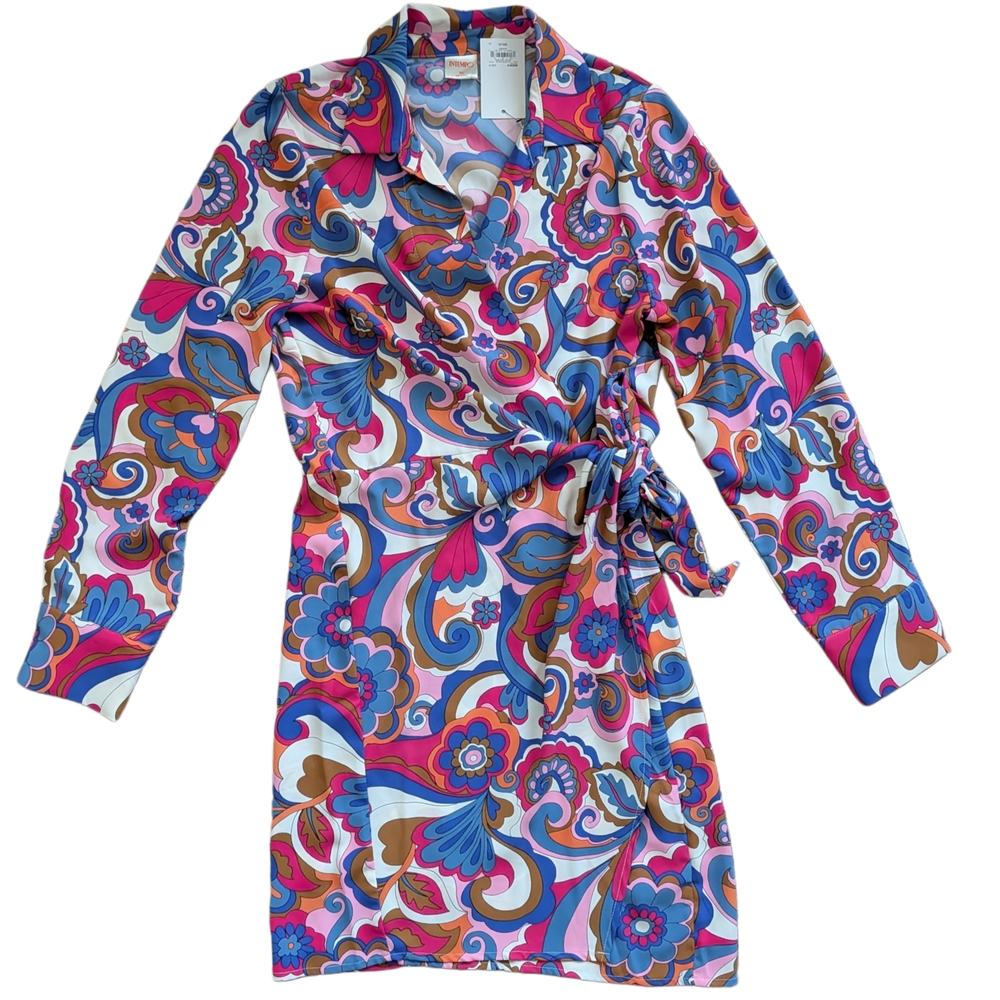 Intempo Scarf Blue Floral Paisley Long Sleeve Mini Wrap Dress NWT Size Medium